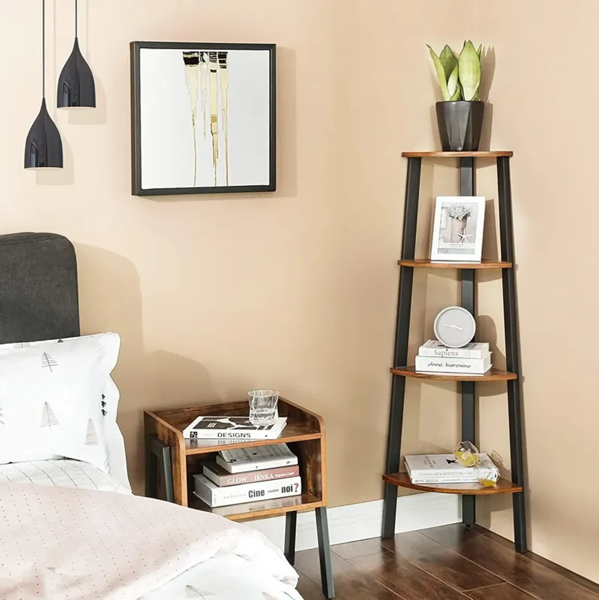 Wood Look 4-Tier Corner Bookcase – Rustic Brown Metal Frame