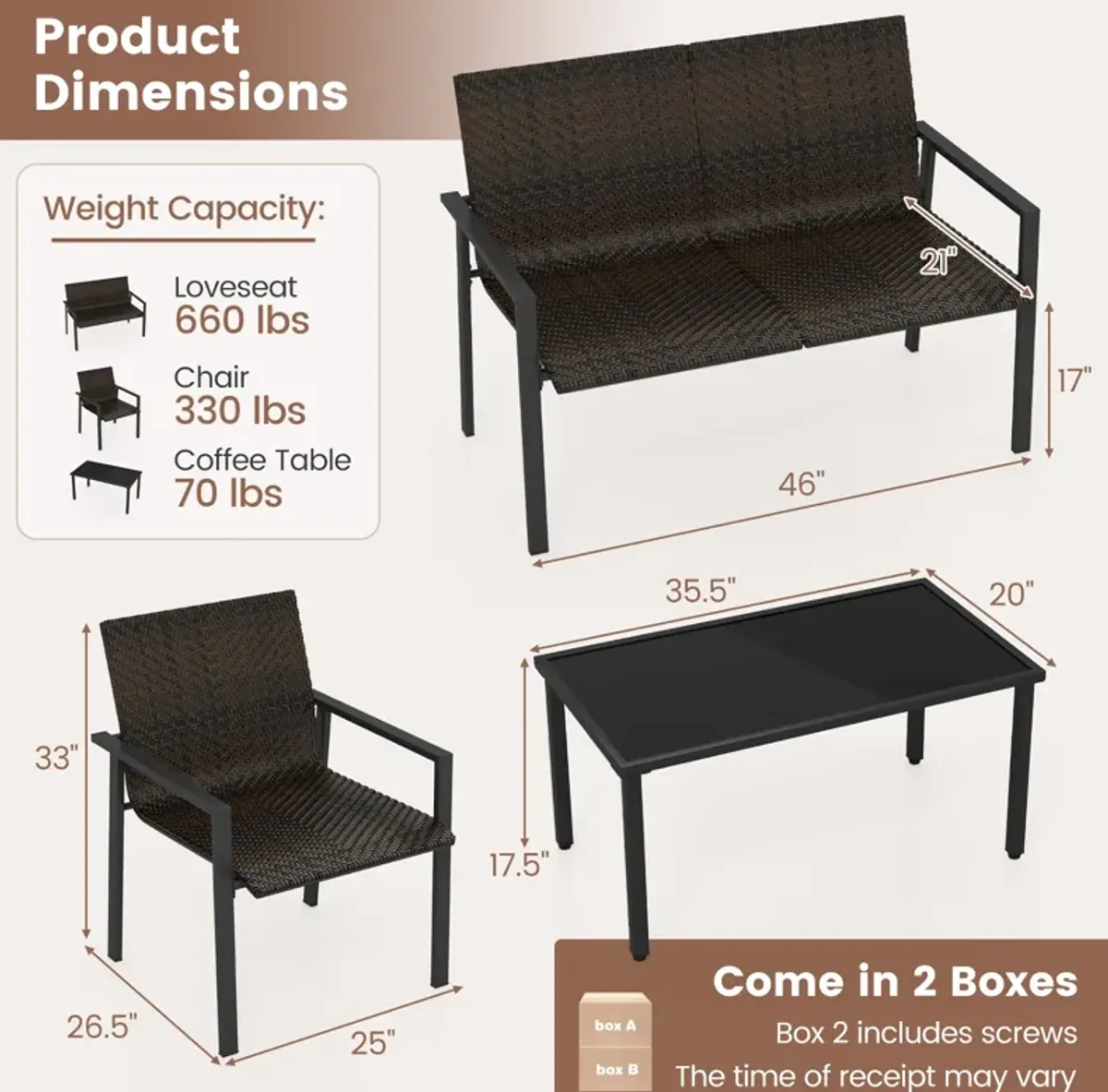 4-Piece Patio Furniture Set with Heavy-Duty Galvanized Metal Frame – Durable Outdoor Seating Set