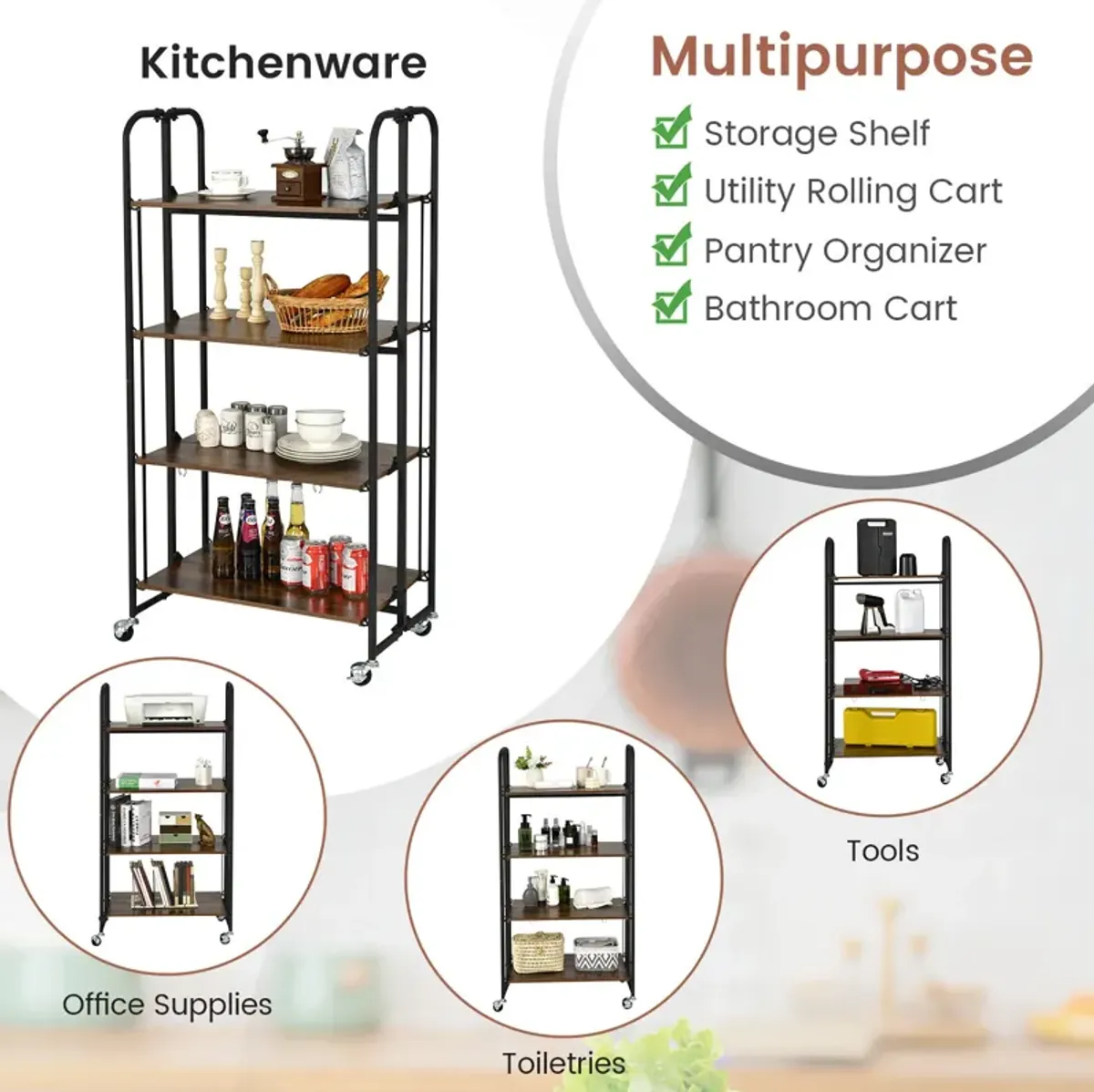 Foldable Rolling Cart with Storage Shelves for Kitchen