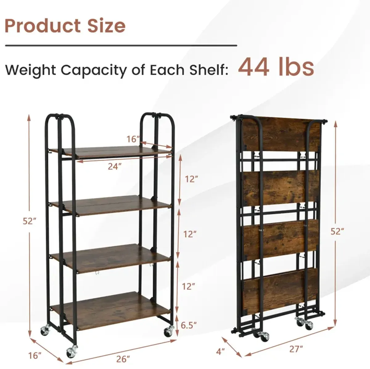 Foldable Rolling Cart with Storage Shelves for Kitchen