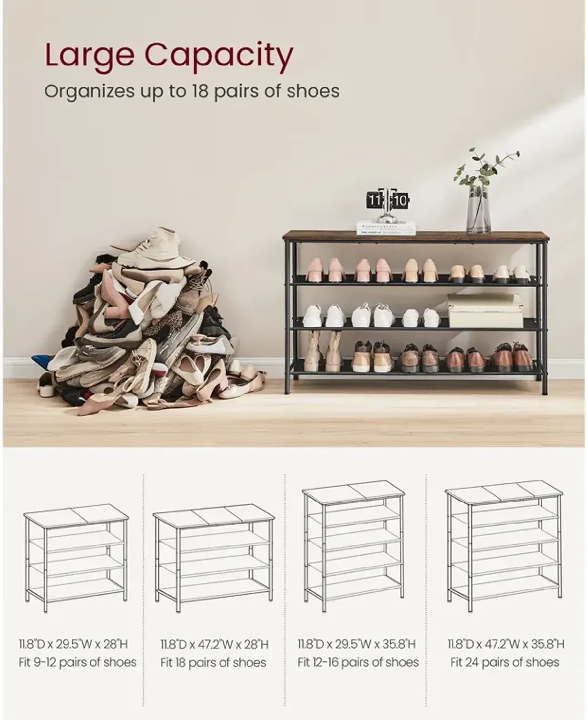 4 Tier Shoe Rack with 3 Fabric Shelves