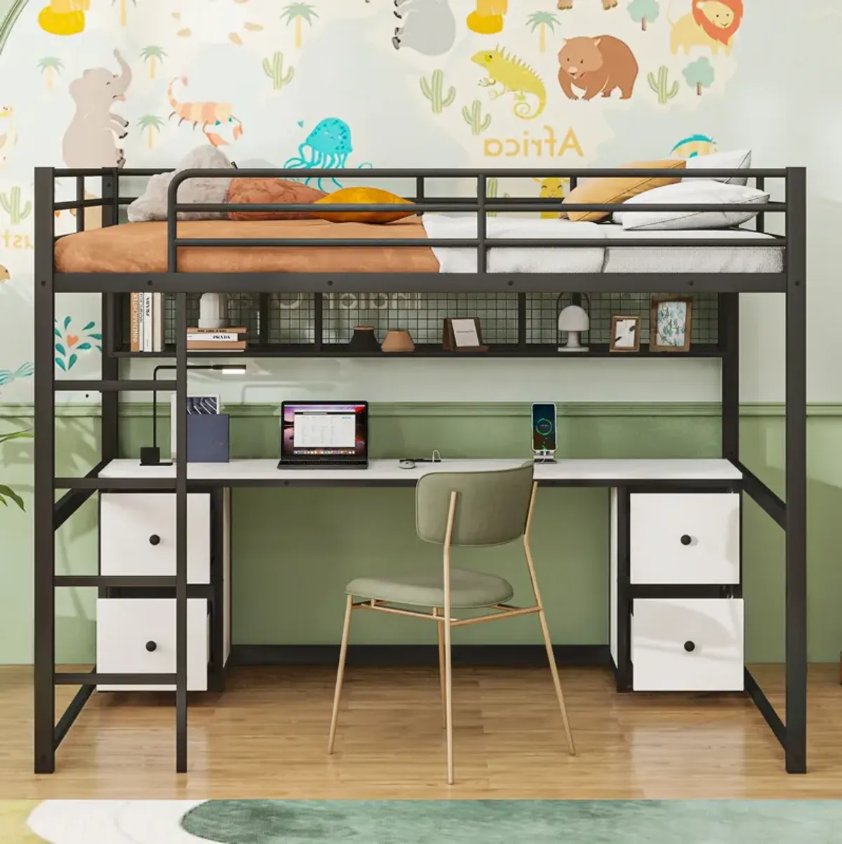 Multifunctional Metal Loft Bed with Desk, Storage Drawers, and Built-in Charging Station