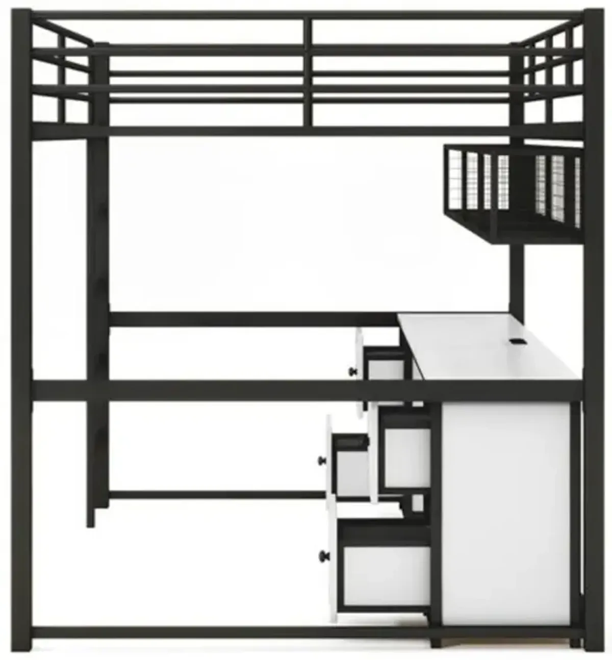 Multifunctional Metal Loft Bed with Desk, Storage Drawers, and Built-in Charging Station