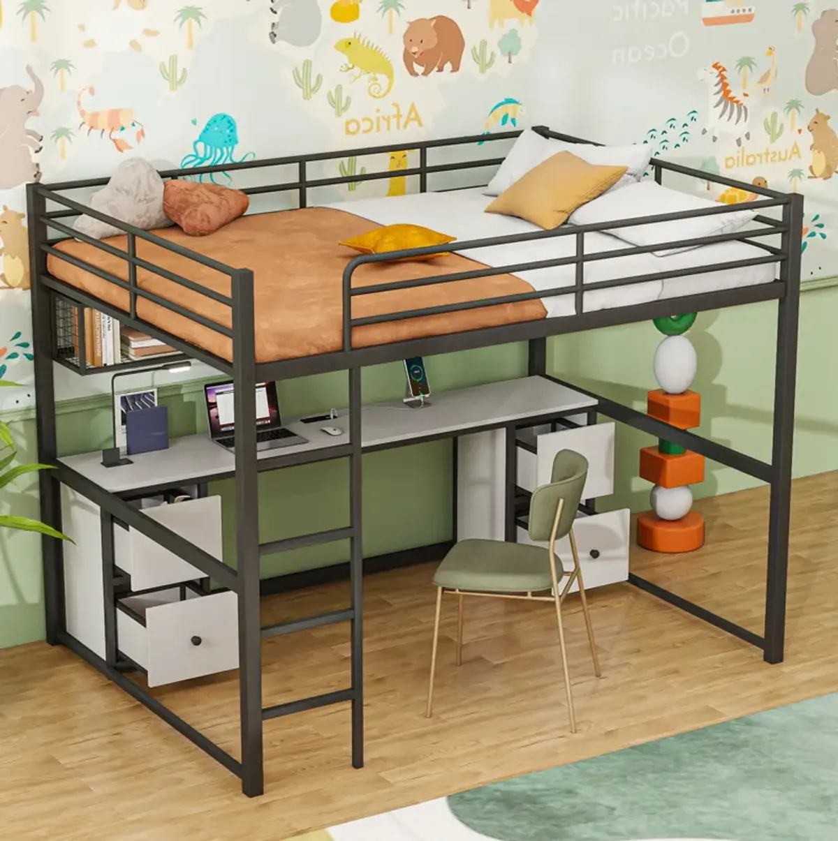 Multifunctional Metal Loft Bed with Desk, Storage Drawers, and Built-in Charging Station