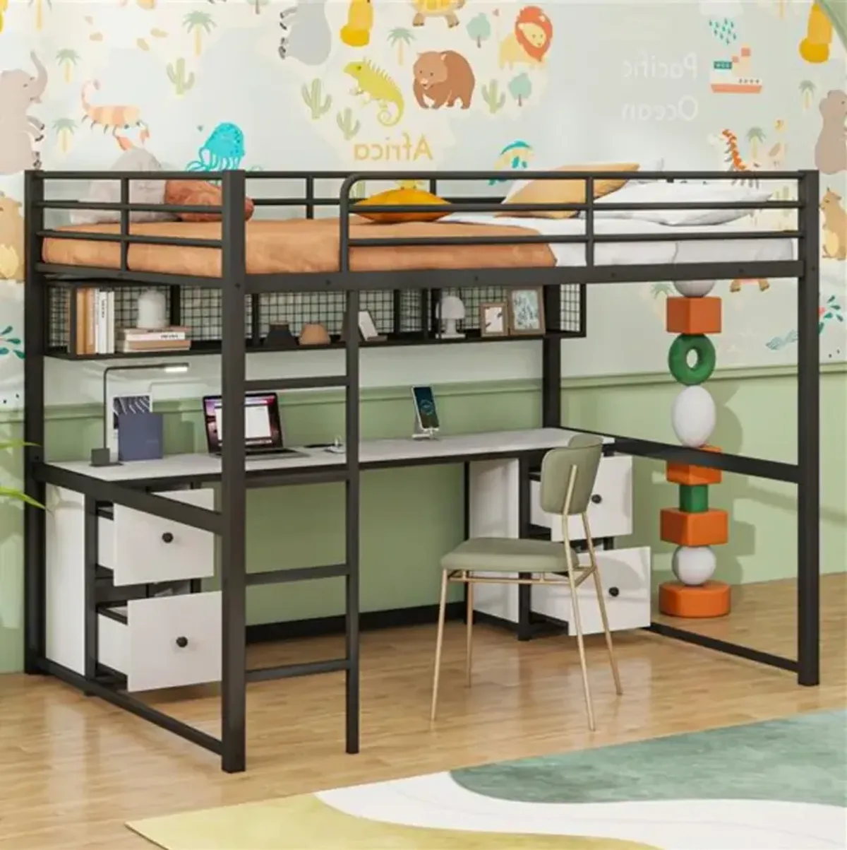 Multifunctional Metal Loft Bed with Desk, Storage Drawers, and Built-in Charging Station