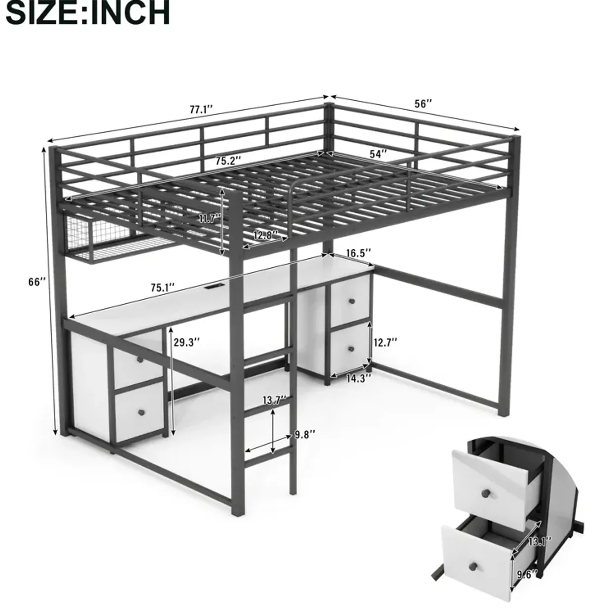 Multifunctional Metal Loft Bed with Desk, Storage Drawers, and Built-in Charging Station