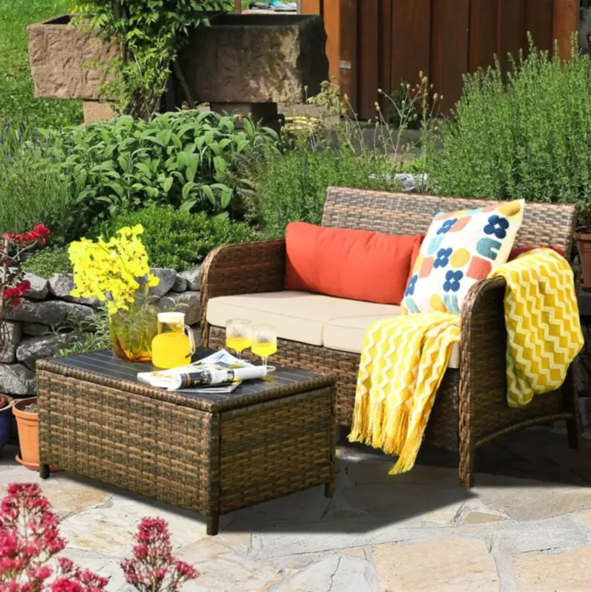 Hivvago 2 Pieces Cushioned Patio Rattan Furniture Set