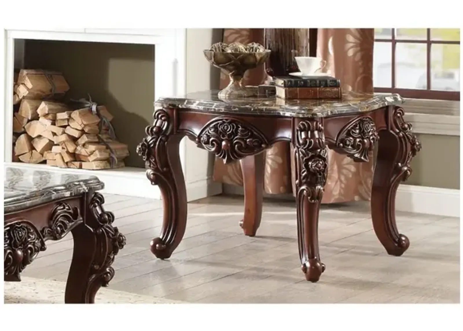 Scalloped Marble Top End Table With Carved Floral Motifs, Walnut Brown - Benzara