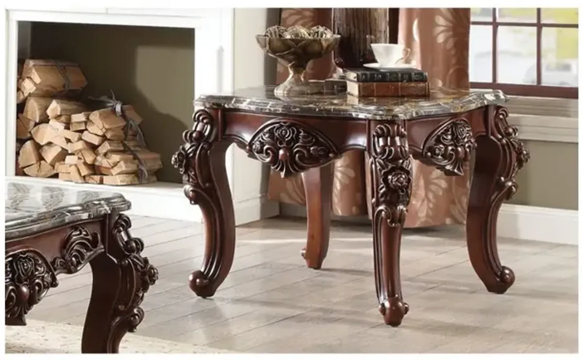 Scalloped Marble Top End Table With Carved Floral Motifs, Walnut Brown - Benzara