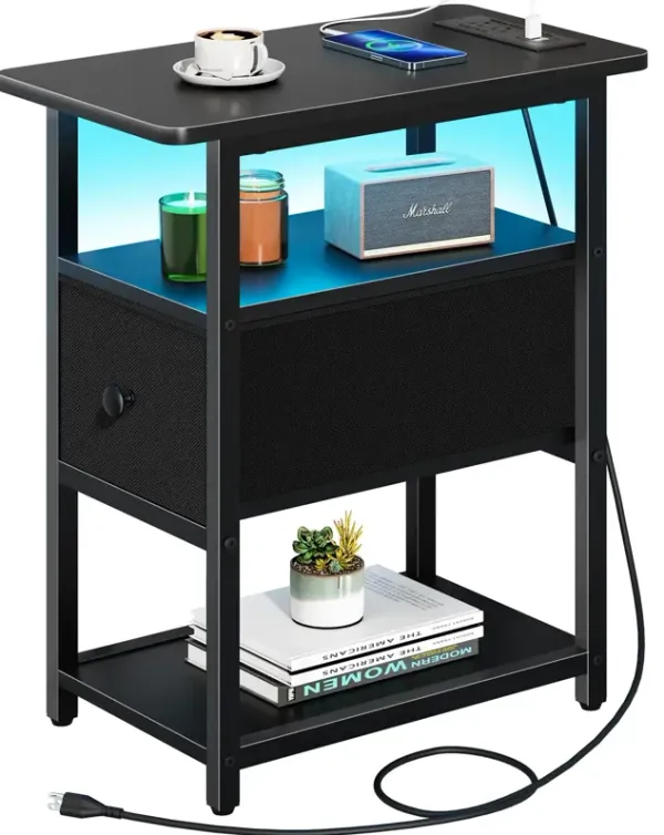Yoobure Narrow Side Table, LED End Table with Charging Station, 3-Tier End Tables Living Room with Adjustable Fabric Drawer, Sma