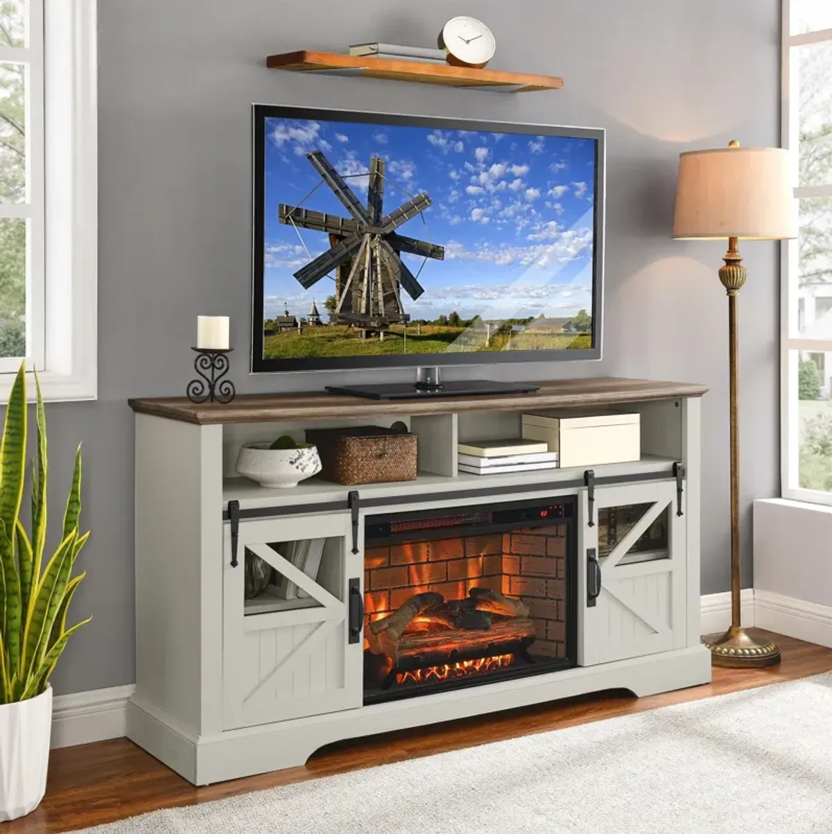 MONDAWE 60 Inch Electric Fireplace  Entertainment Center With Door Sensor