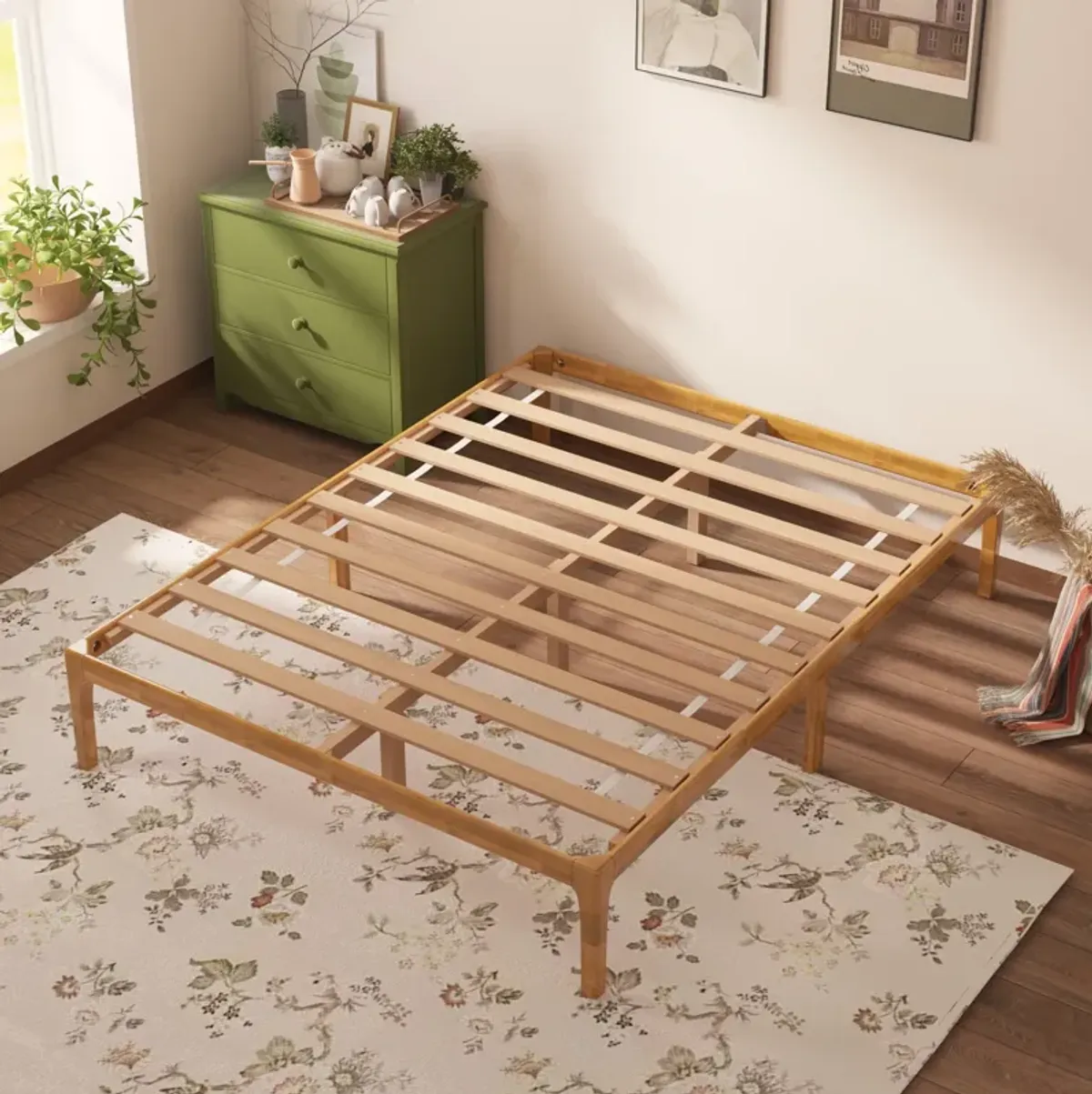 FUFU&GAGA Queen Size Platform Bed Frame with Solid Wood Slats, 800 LBS Capacity, (60.2" W x 80.1" L x 14" H),Walnut