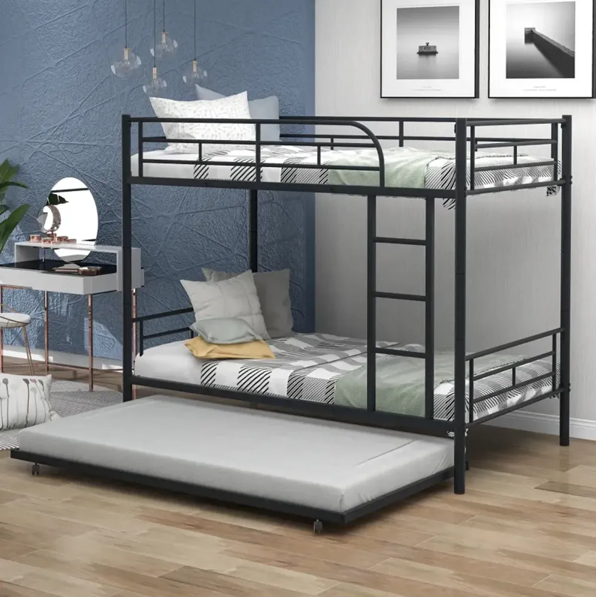 Twin-Over-Twin Metal Bunk Bed With Trundle, Can Be Divided Into Two Beds, No Box Spring Needed