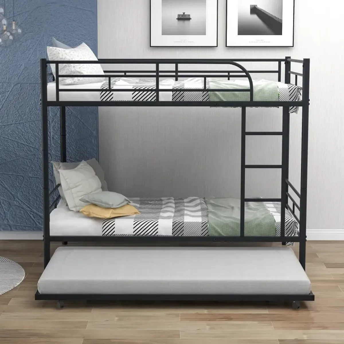 Twin-Over-Twin Metal Bunk Bed With Trundle, Can Be Divided Into Two Beds, No Box Spring Needed