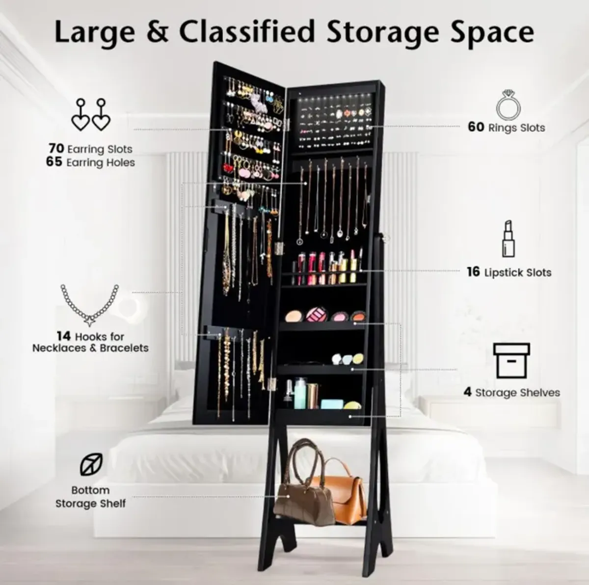 Hivvago LED Jewelry Cabinet Armoire Organizer with Bevel Edge Mirror