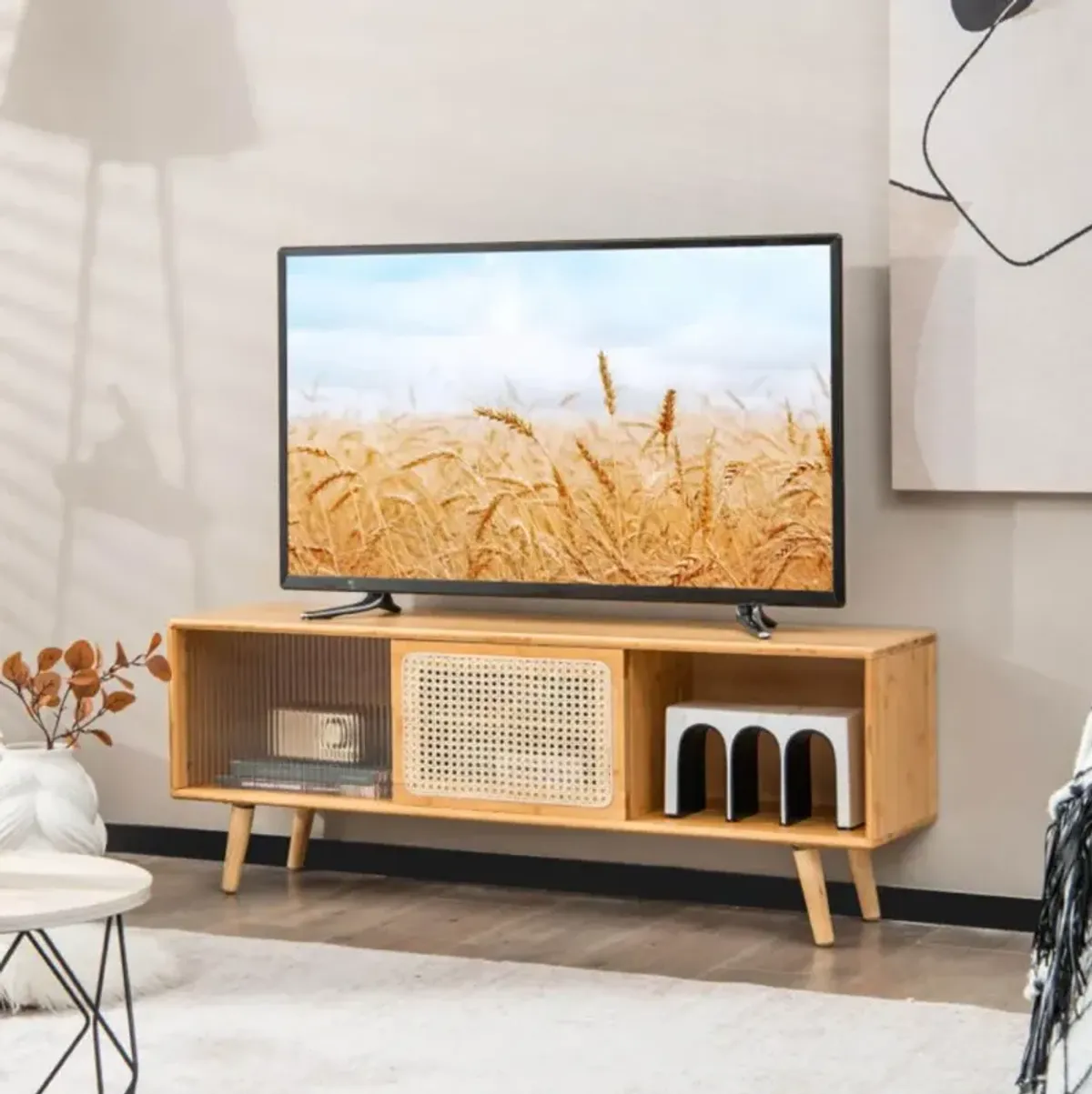 Hivvago Modern TV Stand with Rattan Glass Sliding Doors]