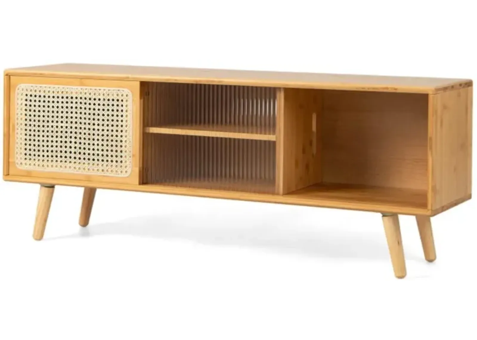 Hivvago Modern TV Stand with Rattan Glass Sliding Doors]