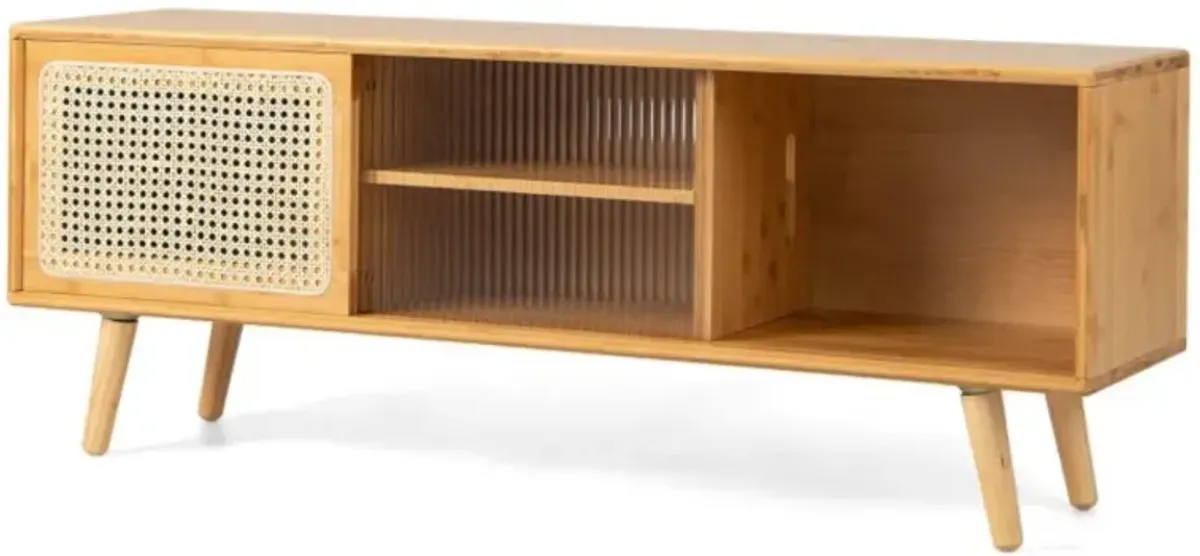 Hivvago Modern TV Stand with Rattan Glass Sliding Doors]