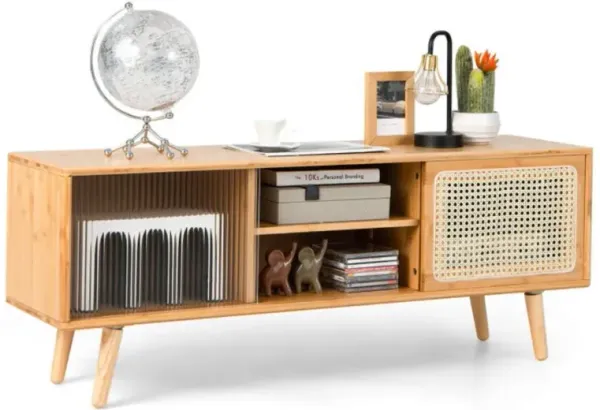 Hivvago Modern TV Stand with Rattan Glass Sliding Doors
