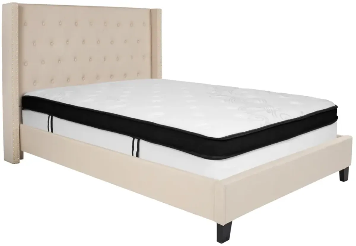 Riverdale Full Size Tufted Upholstered Platform Bed in Beige Fabric with Memory Foam Mattress