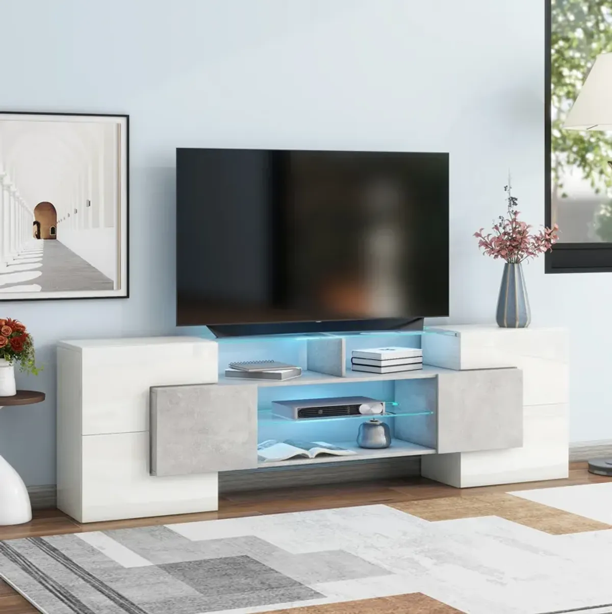 Streamdale Modern Grey TV Stand with LED Shelves