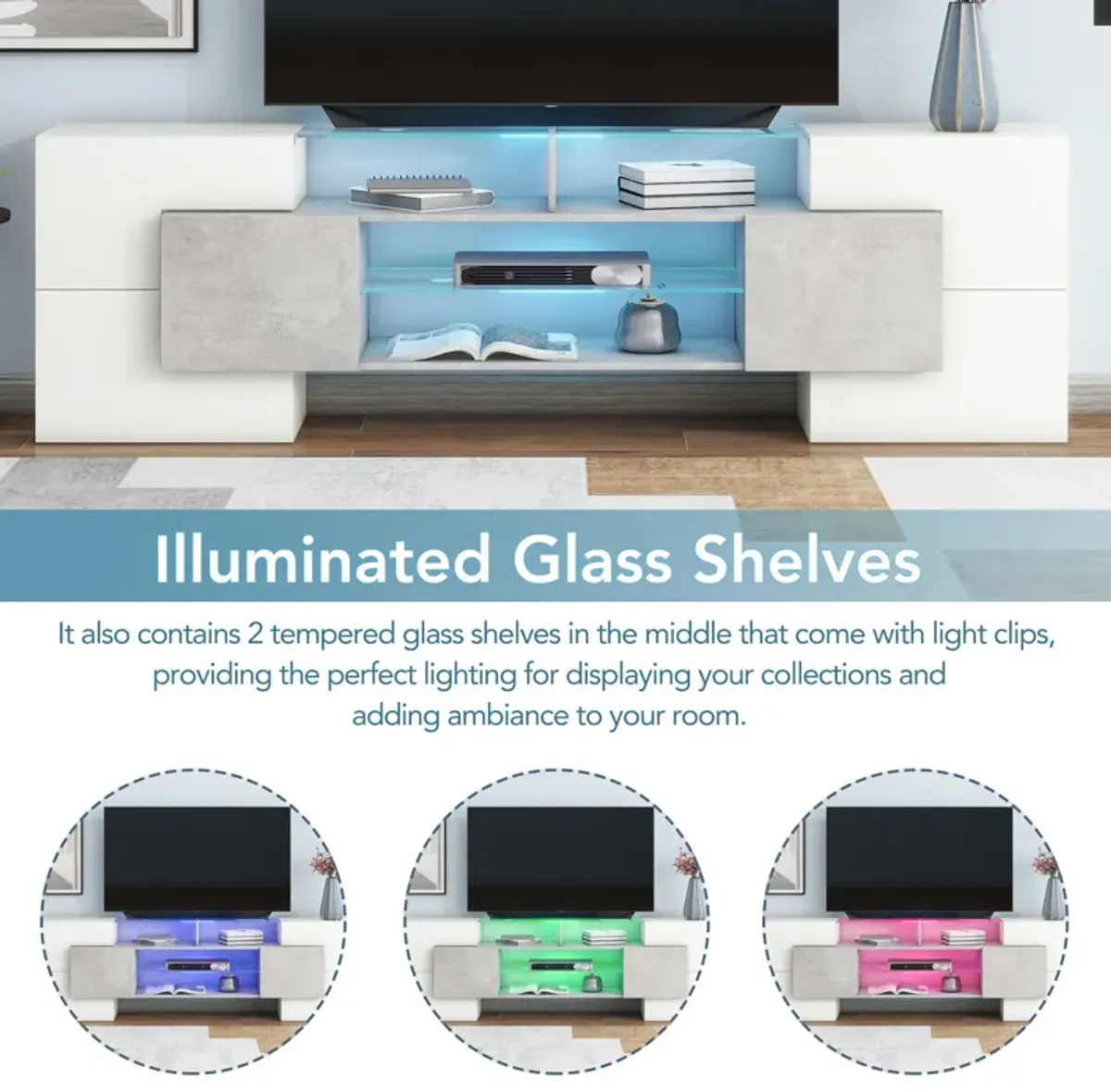 Streamdale Modern Grey TV Stand with LED Shelves