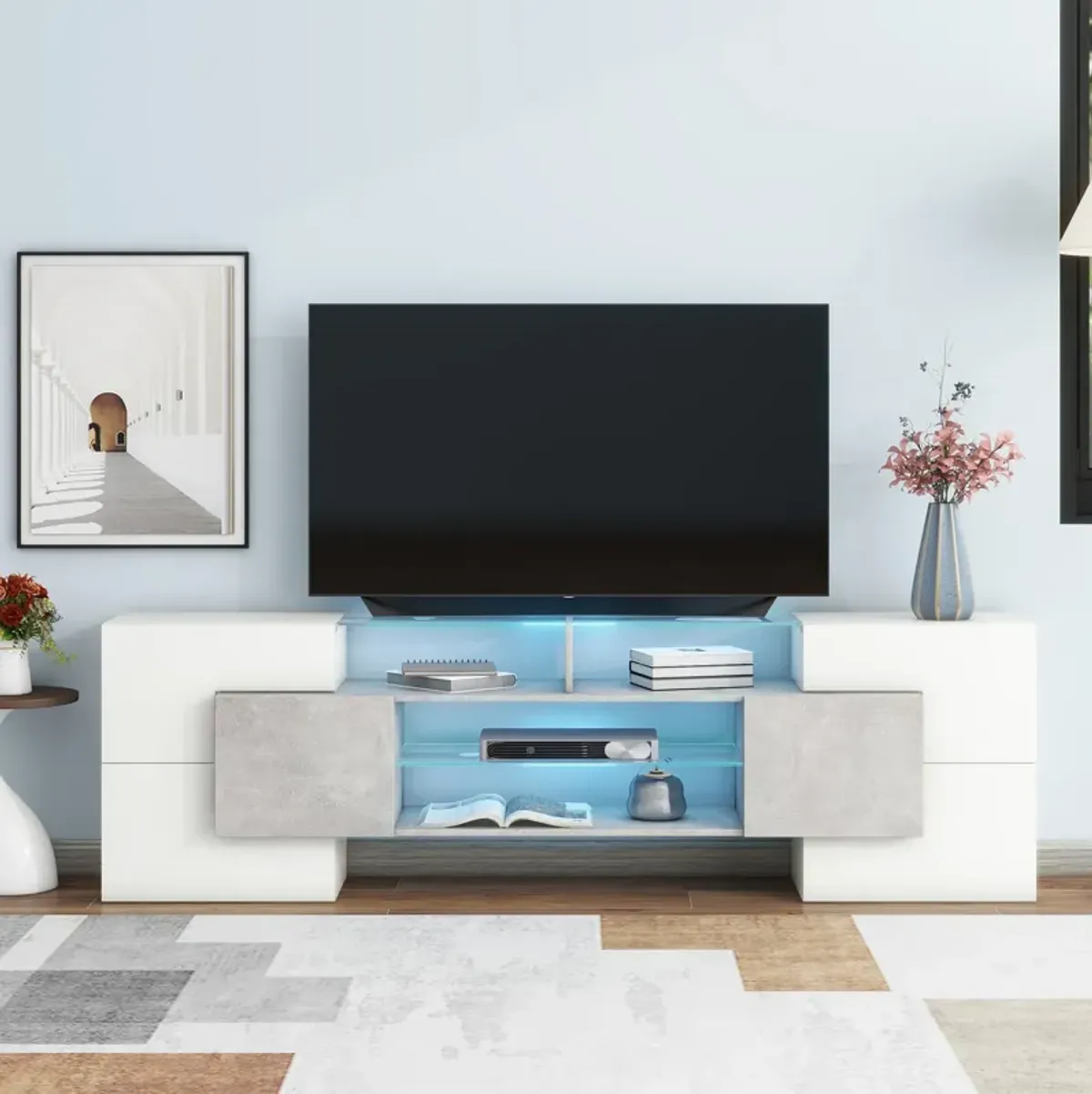 Streamdale Modern Grey TV Stand with LED Shelves
