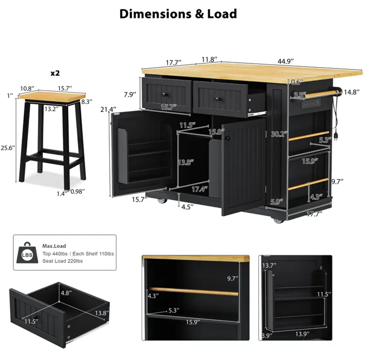 Merax Modern Kitchen Island with 2 Bar Stools