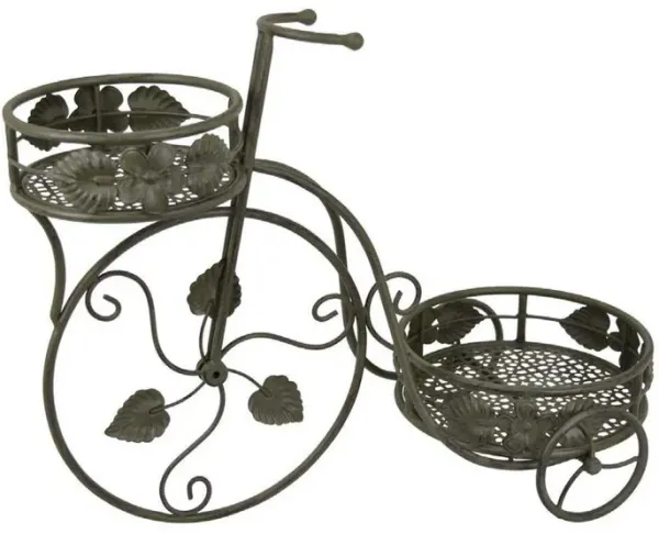 Covey Accent Plant Stand Tricycle, 2 Round Pots, Green Metal 22 Inch - Benzara