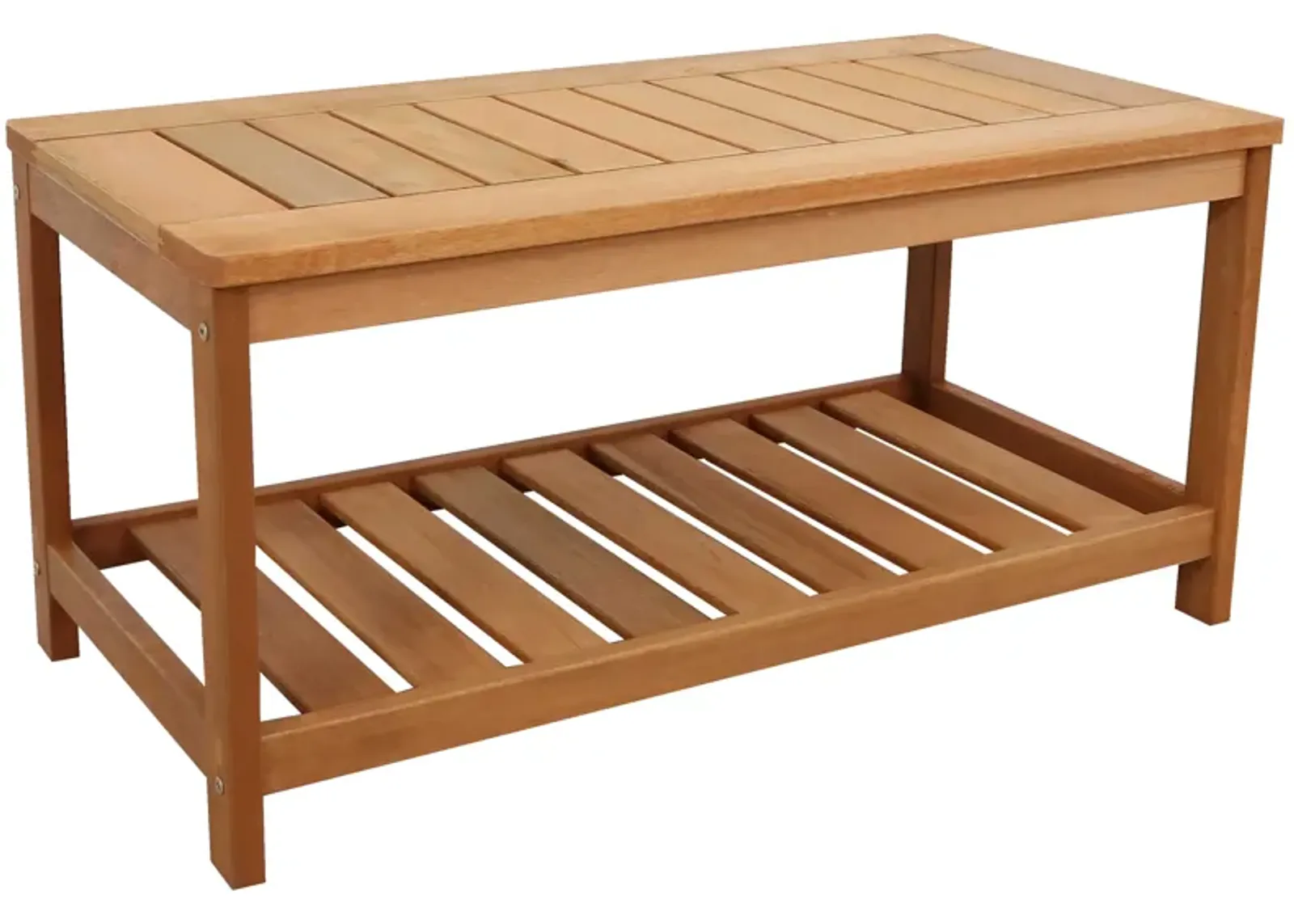 Sunnydaze 35.25 in Meranti Wood Rectangular Patio Coffee Table with Shelf