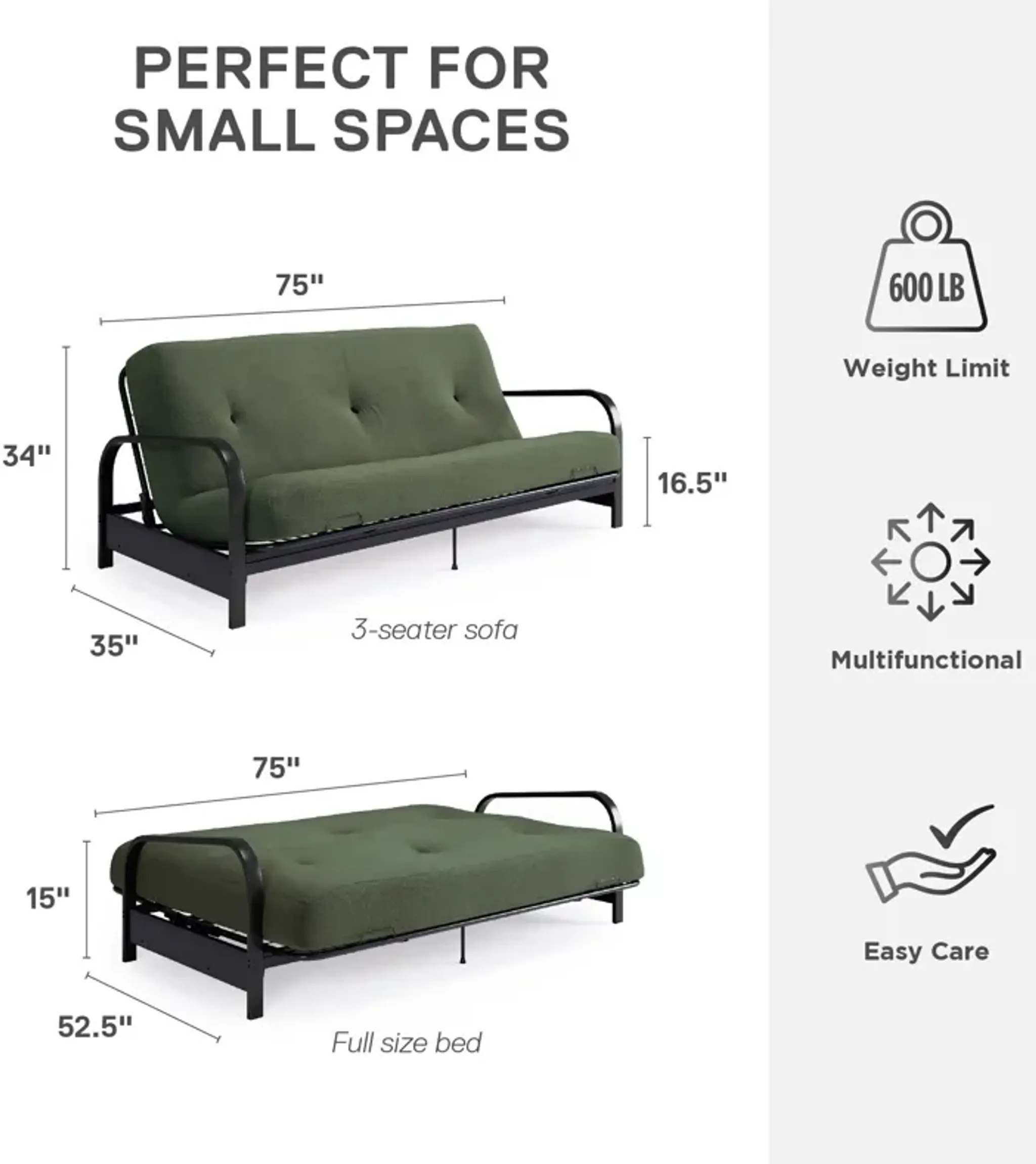 Max Black Metal Arm Full Size Futon Frame With 6 Thermobonded High ...
