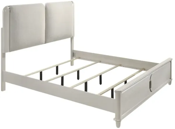 Veda Queen Size Bed with LED, Pearl White, Gray Boucle Upholstered - Benzara