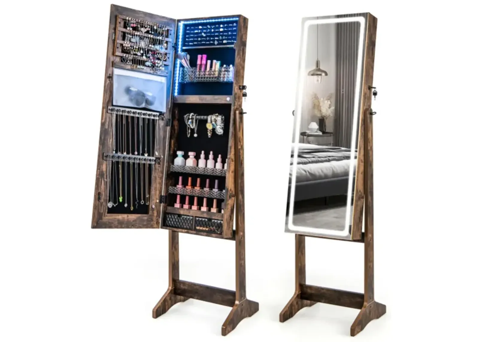 Hivvago Lockable Jewelry Armoire Standing Cabinet with Lighted Full-Length Mirror