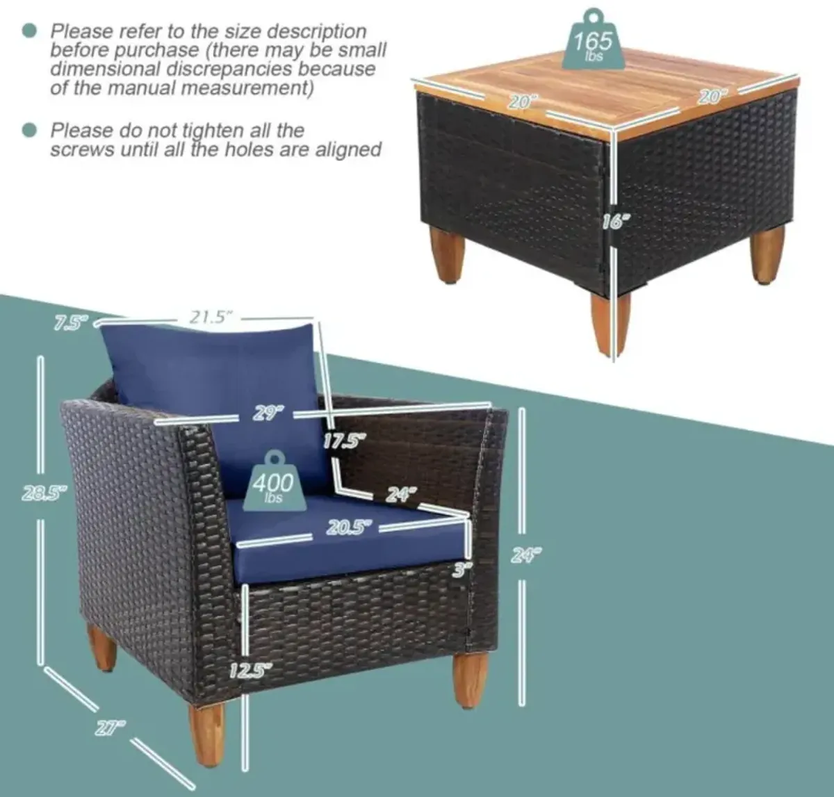 Hivvago 3 Pieces Patio Rattan Bistro Furniture Set with Wooden Table Top