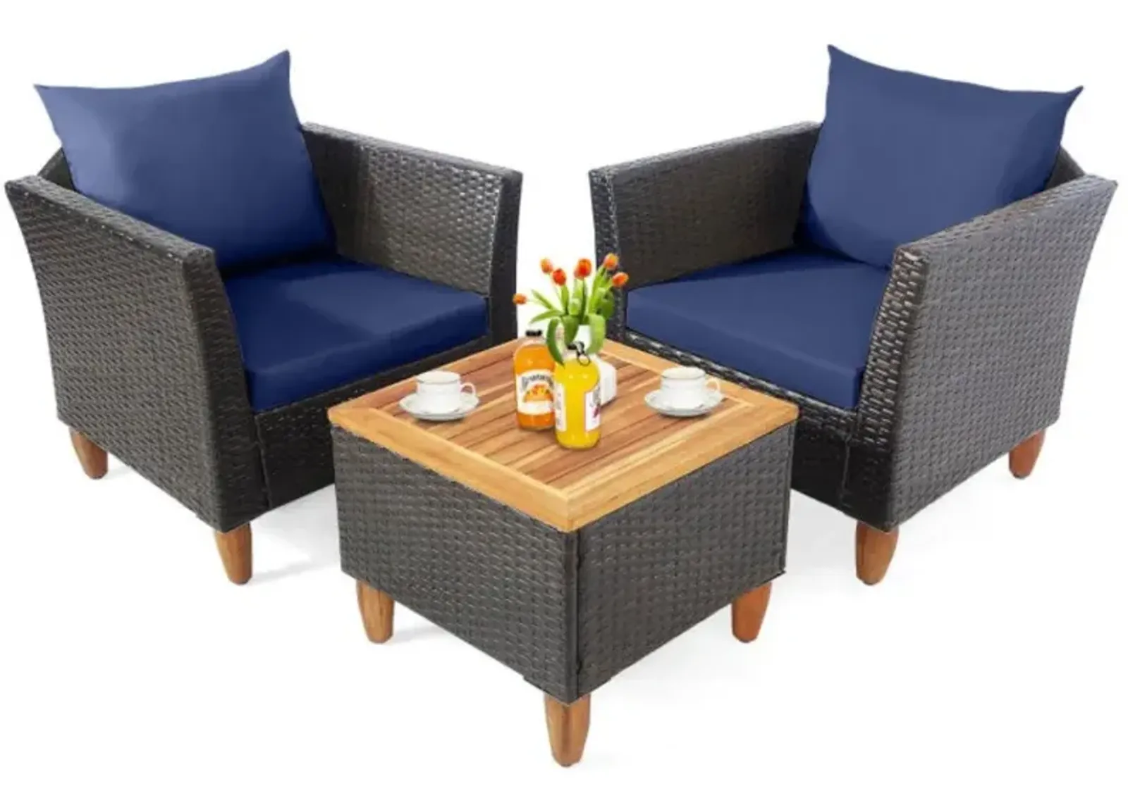 Hivvago 3 Pieces Patio Rattan Bistro Furniture Set with Wooden Table Top