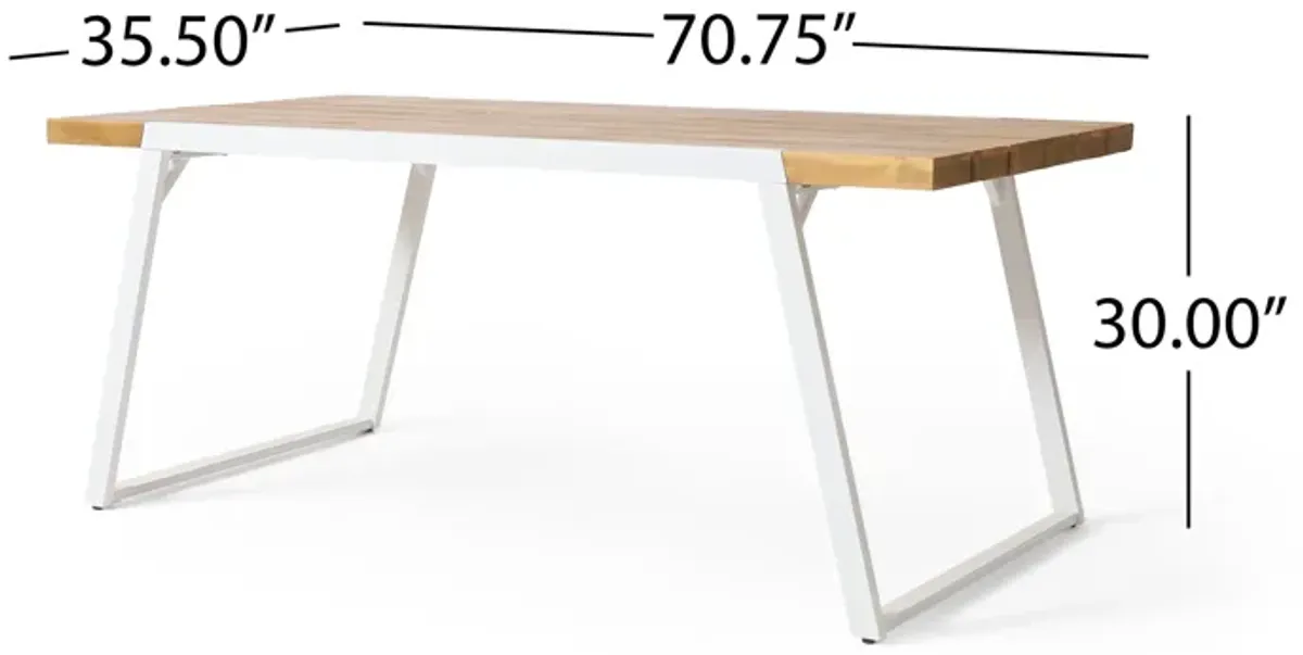 Outdoor Dining Table, Splayed White Sled Base, 71 Inch Acacia Wood - Benzara