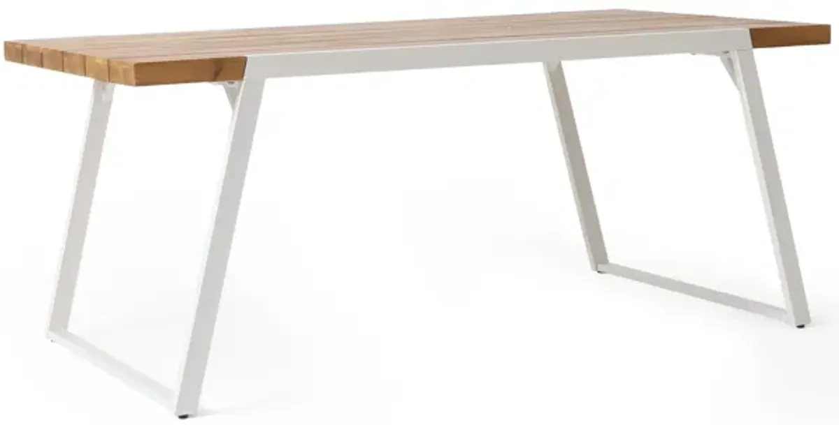 Outdoor Dining Table, Splayed White Sled Base, 71 Inch Acacia Wood - Benzara