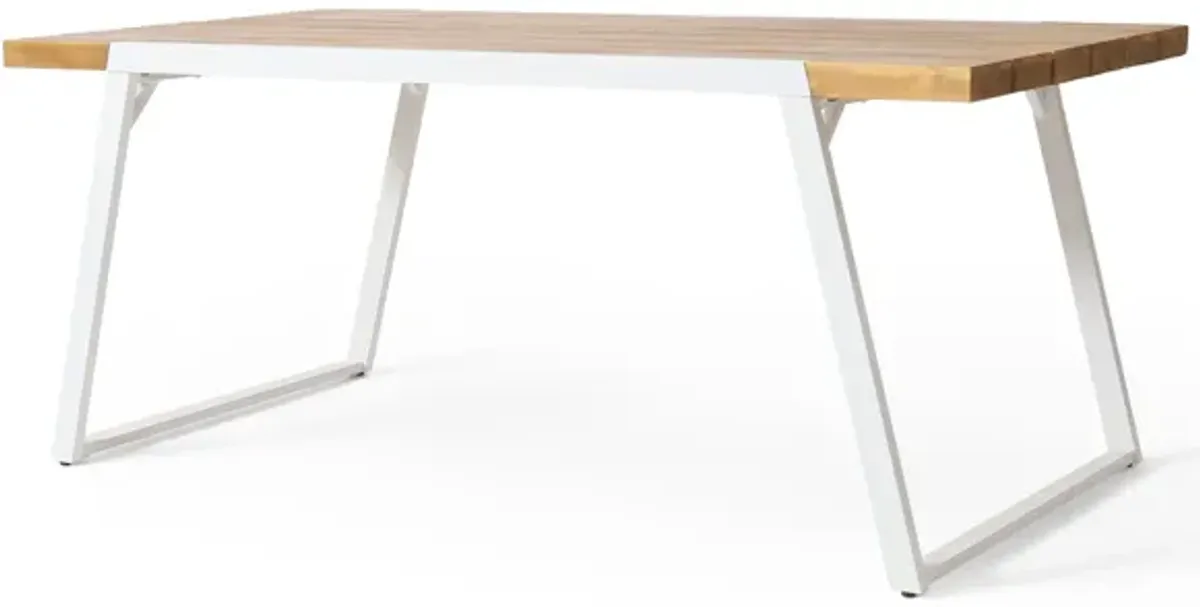 Outdoor Dining Table, Splayed White Sled Base, 71 Inch Acacia Wood - Benzara