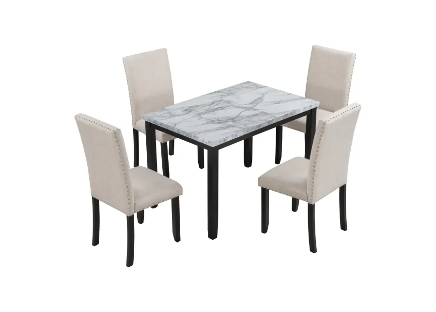 Merax Faux Marble 5-Piece Dining Set Table with 4 Thicken Cushion Dining Chairs Home Furniture