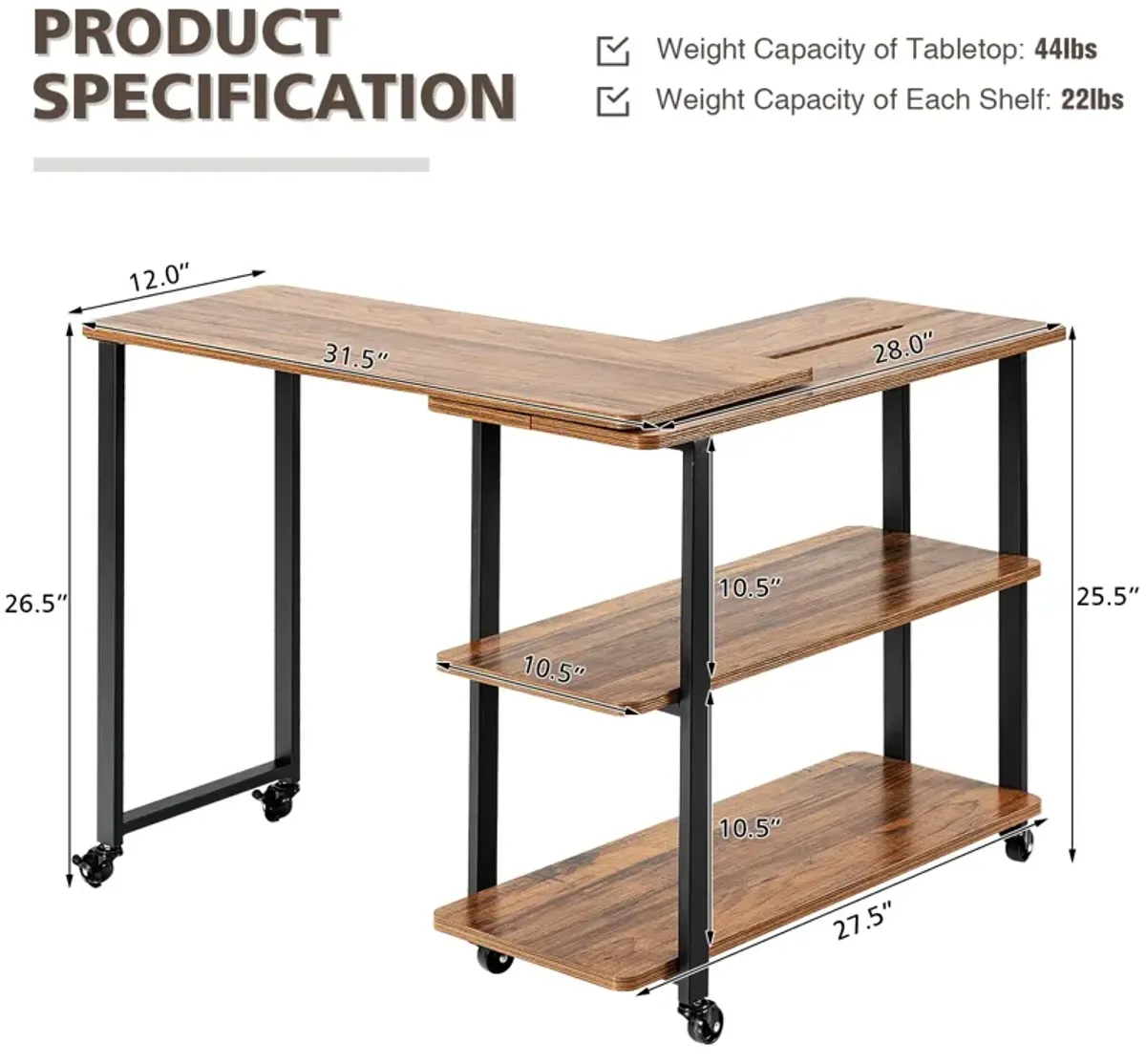 360� Rotating Sofa Side Table with Storage Shelves and Wheels