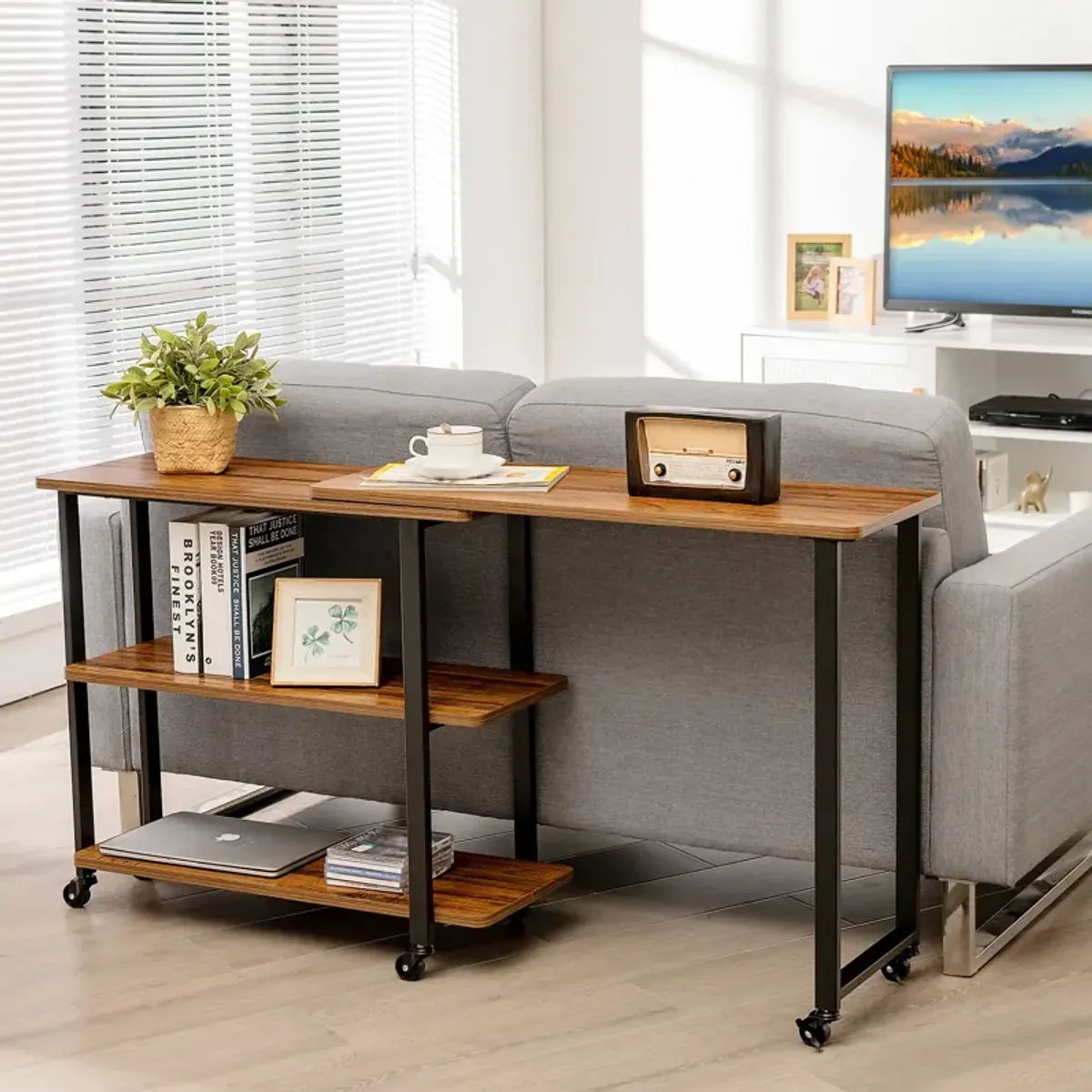 360� Rotating Sofa Side Table with Storage Shelves and Wheels