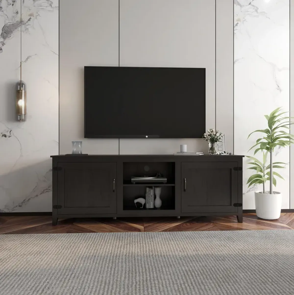 TV Stand Storage Media Console – Modern Entertainment Center with Cabinets and Open Shelves