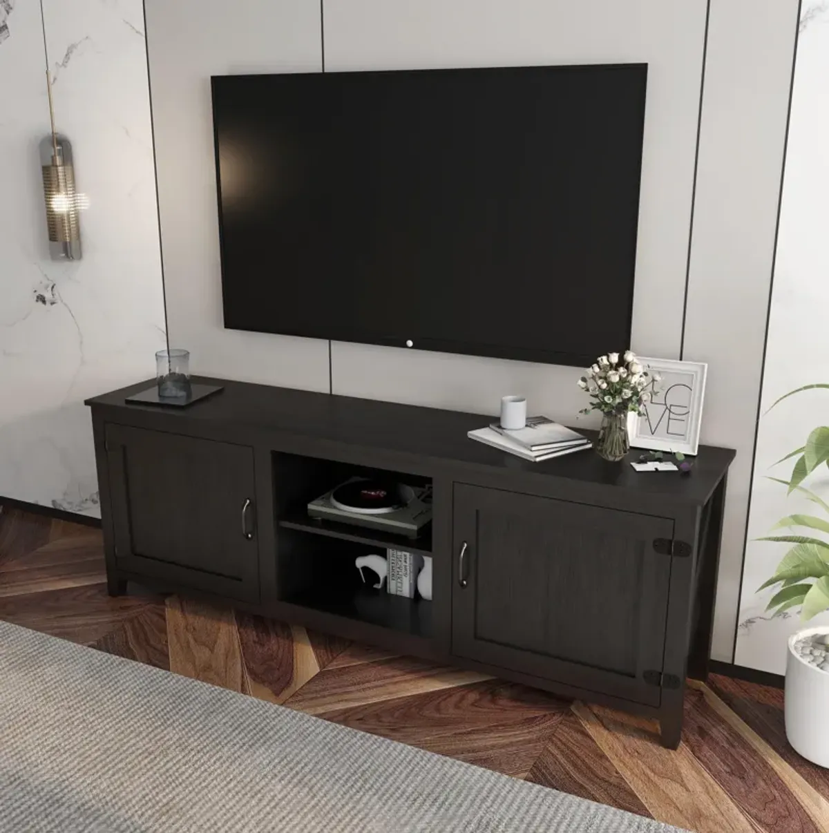 TV Stand Storage Media Console – Modern Entertainment Center with Cabinets and Open Shelves