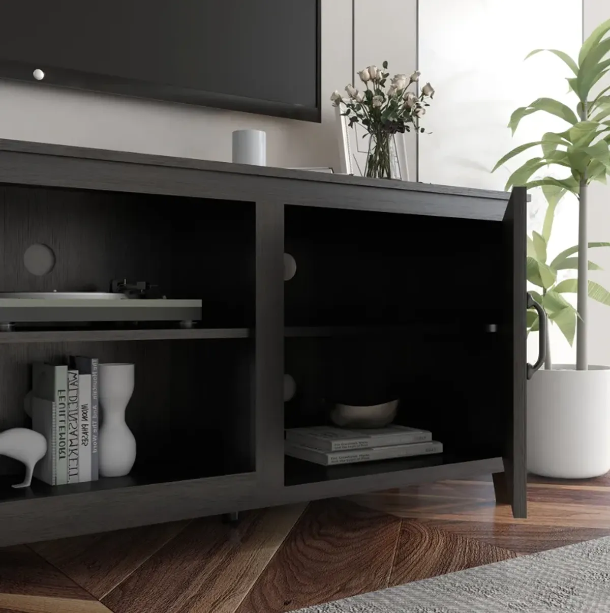 TV Stand Storage Media Console – Modern Entertainment Center with Cabinets and Open Shelves