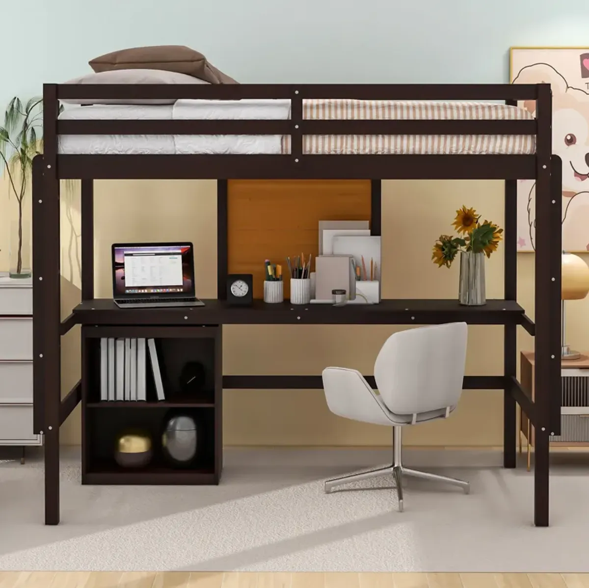 Merax Modern  Wooden Loft Bed with Desk