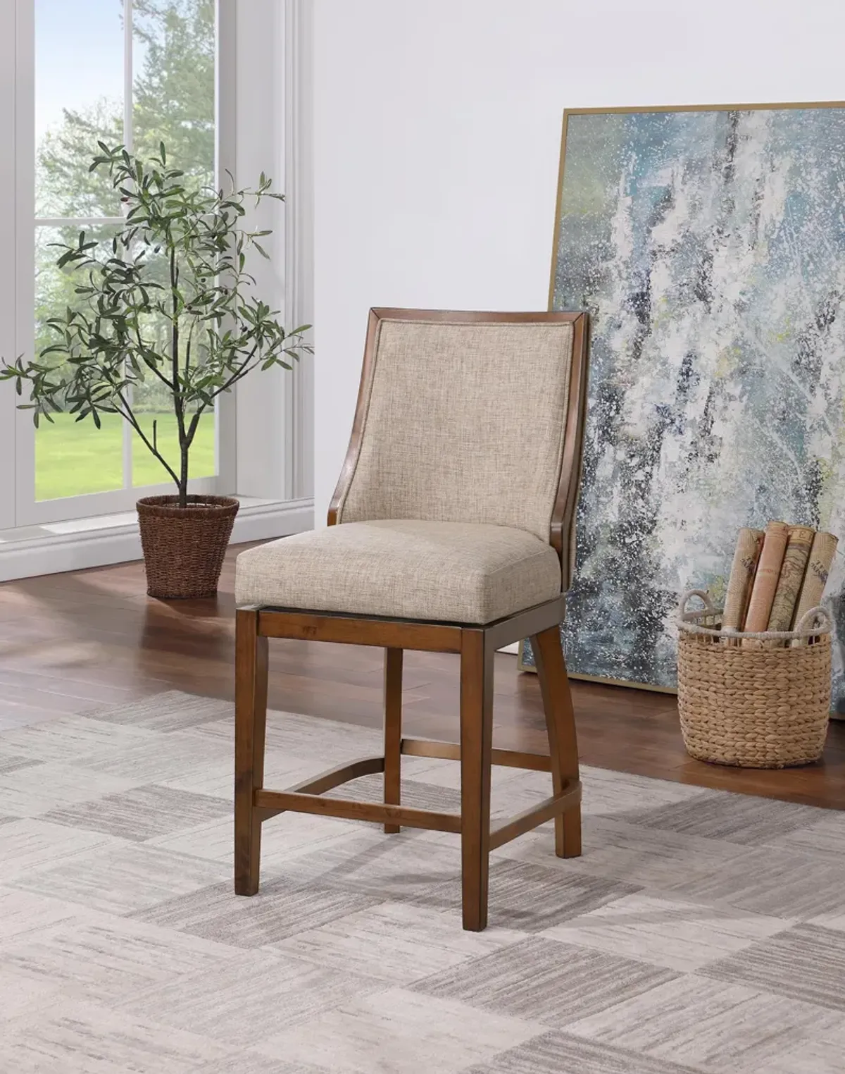 Katherine 40.74 in. Walnut High Back Wood Swivel Bar Stool with Fabric Seat