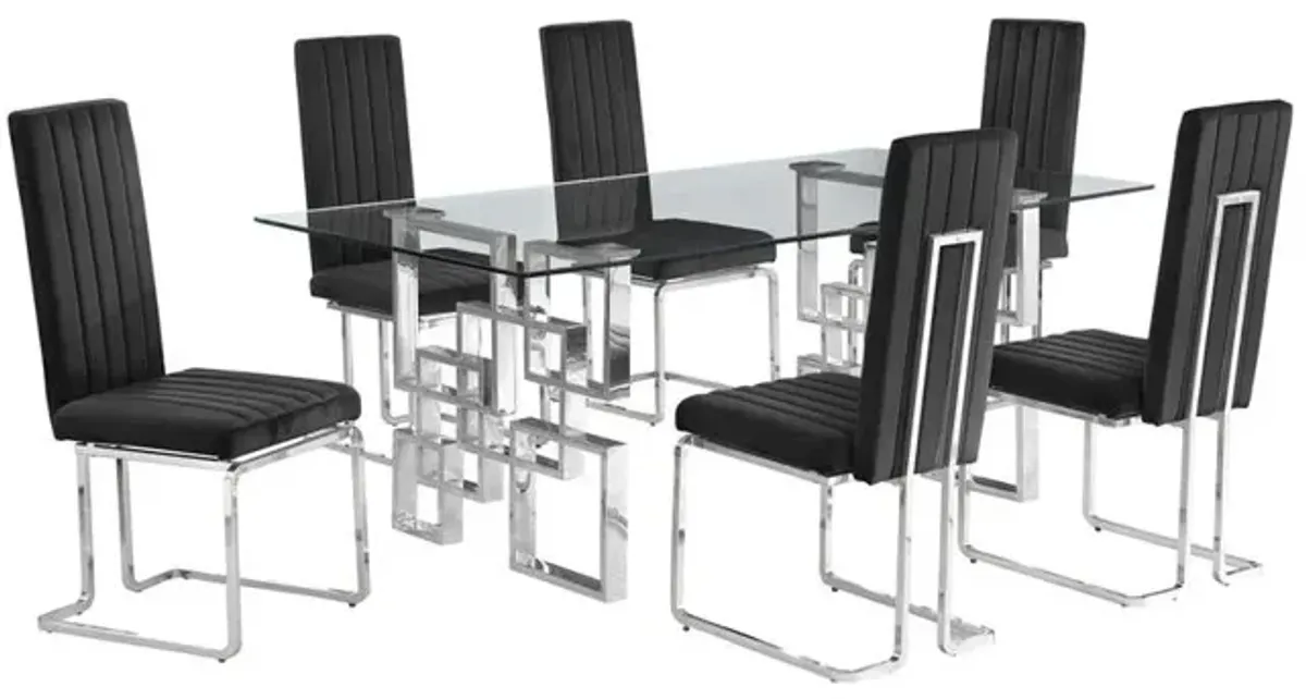 7-piece glam dining set with 6 Black side chairs and one 79" glass dining table
