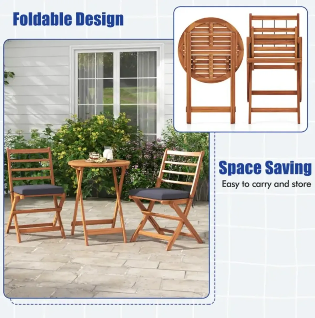 Hivvago 3 Pieces Acacia Wood Patio Bistro Set with Cushions