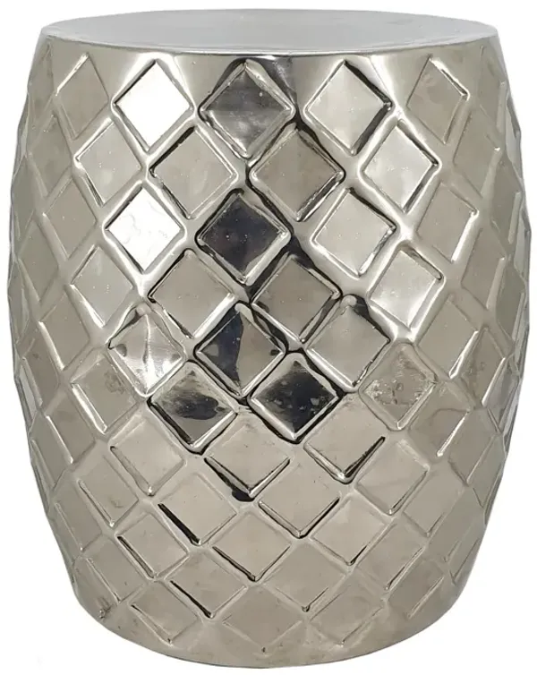 20 Inch Stool Table, Modern, Aluminum Metal, Drum Shape, Elegant Silver - Benzara