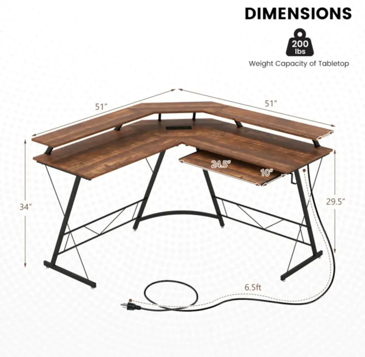 Hivvago L-shaped Computer Desk with Power Outlet and Monitor Stand